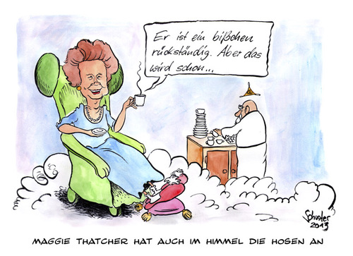 Cartoon: Maggie Thatcher (medium) by Mario Schuster tagged karikatur,cartoon,mario,schuster,thatcher,england,gott,himmel