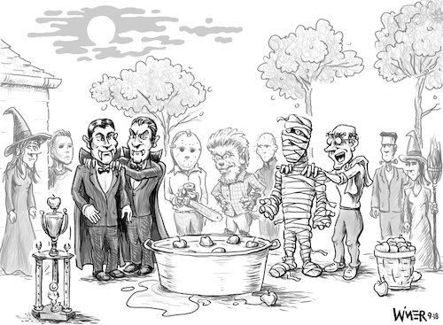 Cartoon: Apple Bobbing Create a Caption (medium) by karlwimer tagged halloween,apple,bobbing,autumn,dracula,werewolf,mummy,witch,party