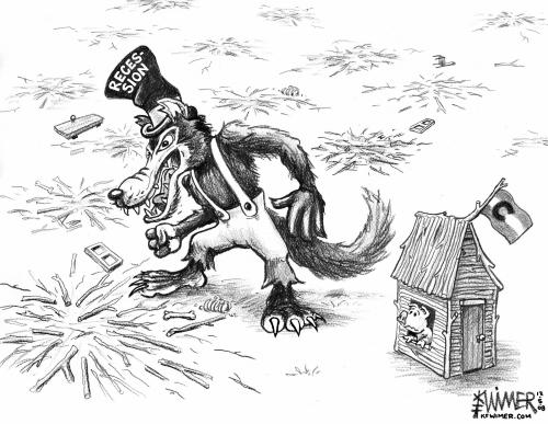 Cartoon: Big Bad Recession Wolf (medium) by karlwimer tagged wolf,pig,stick,house,colorado,recession,economy,us