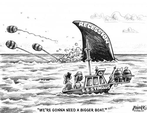 Cartoon: Bigger Boat (medium) by karlwimer tagged shark,jaws,recession,stimulus,obama,boat