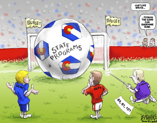 Cartoon: Budget Ball (medium) by karlwimer tagged soccer,goal,worldcup,democrats,republicans,budget,taxes,colorado,economy,government
