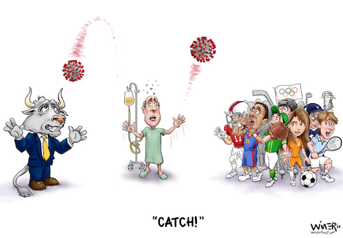 Cartoon: Coronavirus Catch (medium) by karlwimer tagged coronavirus,catch,sports,wall,street,stockmarket,bull,contagion