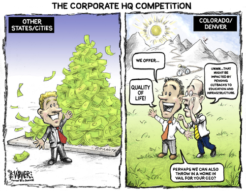 Cartoon: Corporate HQ Competition (medium) by karlwimer tagged business,economy,headquarters,denver,colorado,money,taxes,education,infrastructure