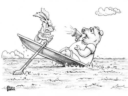 Cartoon: Create Own Caption Contest (medium) by karlwimer tagged boat,pig,rabbit,crew,water,animals