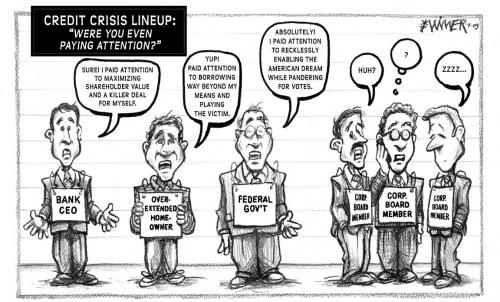 Cartoon: Credit Crisis Lineup (medium) by karlwimer tagged economy,credit,crisis,banks,ceo,governent,board,corporate,recession