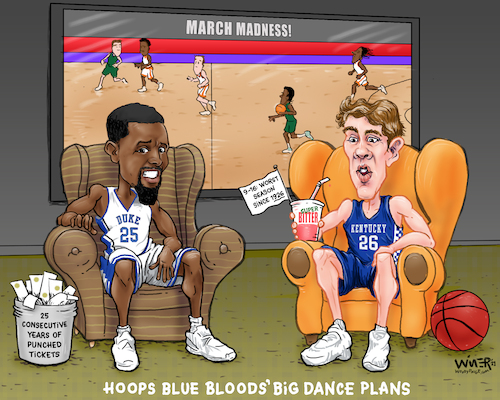 Cartoon: Duke Kentucky Out for Basketball (medium) by karlwimer tagged ncaa,college,basketball,united,states,march,madness,big,dance,duke,university,kentucky,sports,karl,wimer