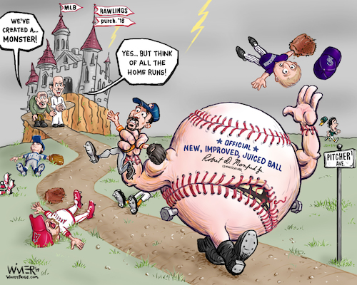 Cartoon: Frankenstein Baseball (medium) by karlwimer tagged baseball,frankenstein,pitchers,monster,evil,scientist,igor,terror