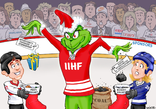 Cartoon: IIHF Grinch Playing Favorites (medium) by karlwimer tagged sports,cartoon,grinch,ice,hockey,international,iihs,women,men,equity,tournaments,coal,presents,christmas