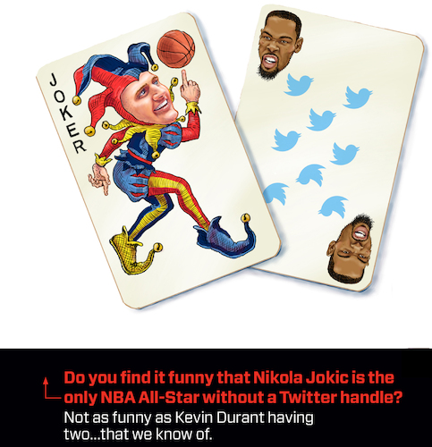 Cartoon: Jokic Durant NBA Cards (medium) by karlwimer tagged nba,basketball,jokic,durant,nuggets,playing,cards