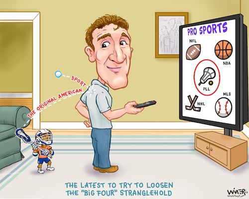 Cartoon: Lacrosse Plays with Big Boys (medium) by karlwimer tagged lacrosse,usa,pll,sports,cartoon,nhl,nba,nfl,mlb,athletics,tv,ratings