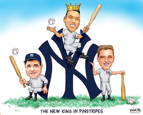 Cartoon: New Home Run King in Pinstripes (medium) by karlwimer tagged baseball,mlb,sports,cartoon,new,york,yankees,aaron,judge,babe,ruth,home,run,king