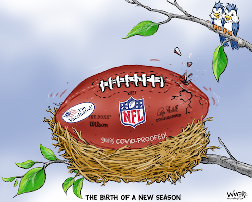 Cartoon: New NFL Covid Free Season (medium) by karlwimer tagged sports,cartoon,american,football,nfl,new,season,covid,nest,birth