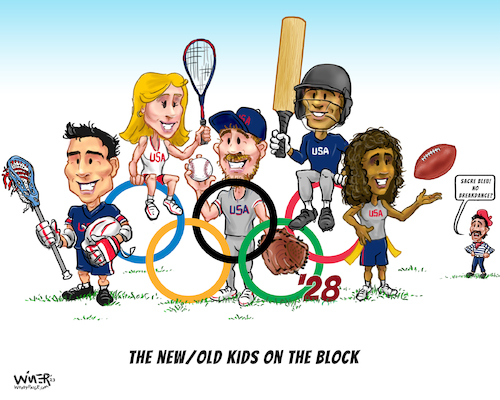 Cartoon: New Players for 2028 Olympics (medium) by karlwimer tagged sports,cartoon,olympics,lacrosse,baseball,softball,squash,flag,football,cricket,united,states