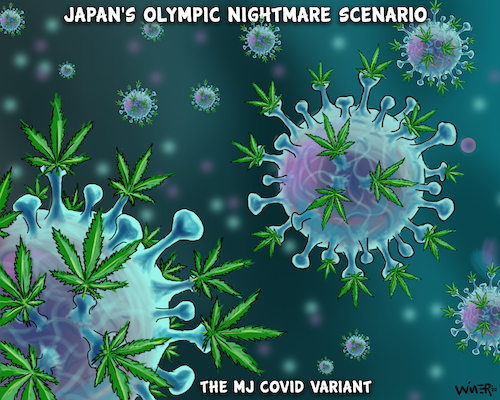 Cartoon: Nightmare for Japan Olympics (medium) by karlwimer tagged cartoon,covid,coronavirus,sports,olympics,japan,cannabis,marijuana,thc,athletes,karl,wimer