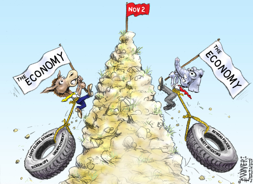 Cartoon: Race to November 2 (medium) by karlwimer tagged elections,politics,economics,united,states,us,democrats,gop,republicans,donkey,elephant,mountain,tire,race