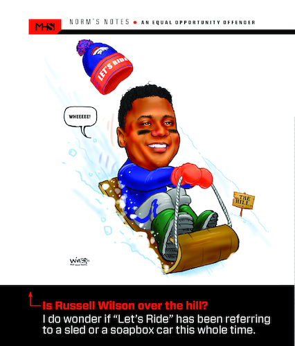 Cartoon: Russ Wilson Broncos Lets Ride (medium) by karlwimer tagged sports,cartoon,illustration,denver,broncos,nfl,russ,wilson,quarterback,lets,ride,sledding