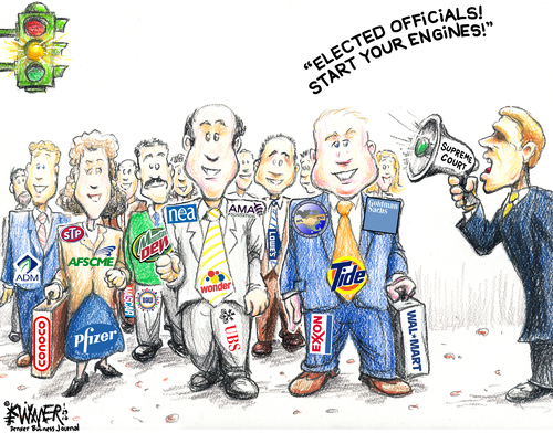Cartoon: Supreme Court Inspired Fashion (medium) by karlwimer tagged supreme,court,usa,campaign,contributions,politics,business,unions,nascar,lobbying