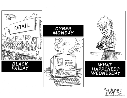 Cartoon: What Happened Wednesday (medium) by karlwimer tagged shopping,christmas,holidays,retail,black,friday,cyber,monday