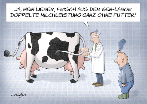 Cartoon: Gen Kuh (medium) by droigks tagged genlabor,genetiker,wissenschaft,genetik,droigks,genforschung,genom,chromosom,vererbung,genmanipulation,genschere,milchwirtschaft,milchkuh,milchleistungskuh,bauer,landwirtschaft,vieh,nutztier,genlabor,genetiker,wissenschaft,genetik,droigks,genforschung,genom,chromosom,vererbung,genmanipulation,genschere,milchwirtschaft,milchkuh,milchleistungskuh,bauer,landwirtschaft,vieh,nutztier