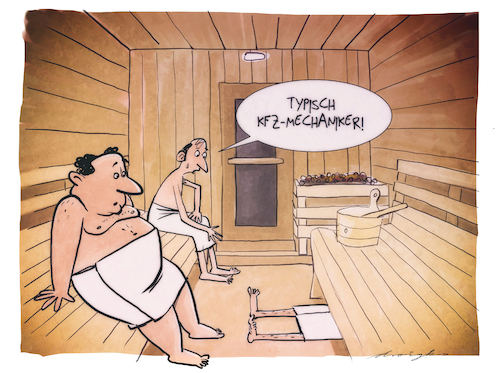 Cartoon: Kfz.-Mechaniker in der Sauna (medium) by droigks tagged sauna,schwitzen,nackt,gesundheit,heiss,automechanikder,mechatroniker,temperatur,droigk,beruf,berufsbedingt,gewohnheit,entlarvend,saunieren,sauna,schwitzen,nackt,gesundheit,heiss,temperatur,droigk,beruf,berufsbedingt,gewohnheit,entlarvend,saunieren