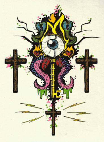 Cartoon: The Key (medium) by Breidholt tagged cross,rock,metal,eye,tattoo,flames,fire,tentacles,horror