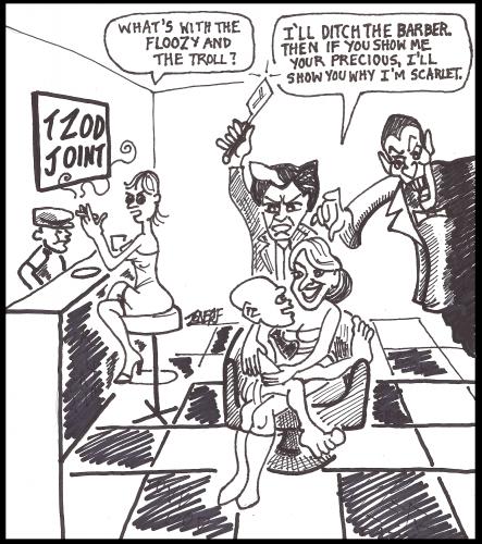 Cartoon: The Troll The Floozy His Barber (medium) by Tzod Earf tagged describbles,skewretch,cartoon,gollum,scarlet,johanson,sweeney,todd,the,joker