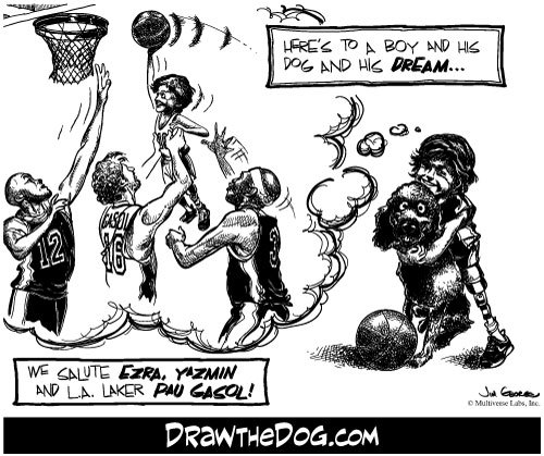 Cartoon: Lakers star Pau Gasol and fan (medium) by DrawtheDog tagged basketball,sports,lakers,dogs,dream,boy,wish