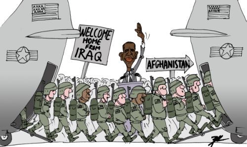 Cartoon: Welcome home! (medium) by Ballner tagged obama,iraq,afghanistan