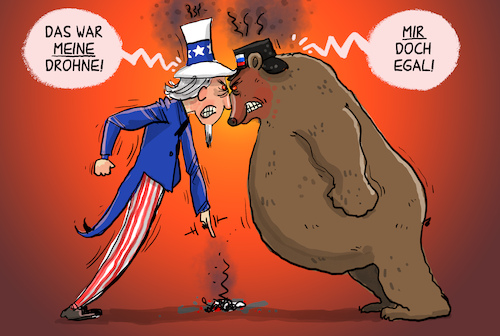 Cartoon: Absturz von US-Drohne (medium) by leopold maurer tagged usa,russland,schwarzes,meer,drohne,absturz,kampfjet,kollision,streit,ärger,mißstimmung,krieg,ukraine,putin,biden,bär,uncle,sam,leopold,maurer,cartoon,karikatur,usa,russland,schwarzes,meer,drohne,absturz,kampfjet,kollision,streit,ärger,mißstimmung,krieg,ukraine,putin,biden,bär,uncle,sam,leopold,maurer,cartoon,karikatur