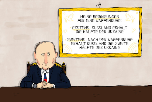 Cartoon: Bedingungen für eine Waffenruhe (medium) by leopold maurer tagged ukraine,krieg,putin,usa,trump,selenski,waffenruhe,bedingungen,verhandlungen,frieden,imperialismus,leopold,maurer,cartoon,karikat,ukraine,krieg,putin,usa,trump,selenski,waffenruhe,bedingungen,verhandlungen,frieden,imperialismus,leopold,maurer,cartoon,karikat