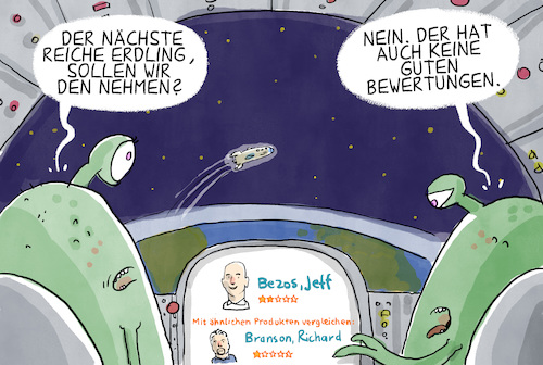 Cartoon: Bezos im All (medium) by leopold maurer tagged bezos,jeff,amazon,branson,richard,space,all,weltraumflug,aliens,bezos,jeff,amazon,branson,richard,space,all,weltraumflug,aliens