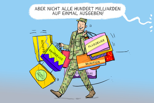 Cartoon: Bundeswehr-Milliarden (medium) by leopold maurer tagged bundeswehr,100,milliarden,aufrüstung,zeitenwende,ampel,koalition,regierung,soldat,shoppen,einkaufen,munition,schiffe,digitalisierung,fahrzeuge,flugzeuge,ersatzteile,funkgeräte,kleinteile,shoppingtour,leopold,maurer,cartoon,karikatur,bundeswehr,100,milliarden,aufrüstung,zeitenwende,ampel,koalition,regierung,soldat,shoppen,einkaufen,munition,schiffe,digitalisierung,fahrzeuge,flugzeuge,ersatzteile,funkgeräte,kleinteile,shoppingtour,leopold,maurer,cartoon,karikatur