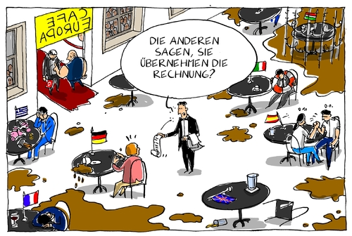 Cartoon: cafe europa (medium) by leopold maurer tagged deutschland,frankreich,italien,ungarn,spanien,griechenland,eu,europa,union,merkel,wirtschaftskrise,brexit,wahl,flüchtlingskrise,flüchtlinge,spaltung,balkanroute,türkei,beitritt,deutschland,frankreich,italien,ungarn,spanien,griechenland,eu,europa,union,merkel,wirtschaftskrise,brexit,wahl,flüchtlingskrise,flüchtlinge,spaltung,balkanroute,türkei,beitritt