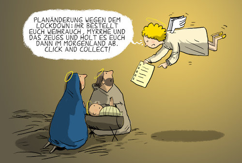 Cartoon: click and collect (medium) by leopold maurer tagged weihnachten,2020,deutschland,lockdown,bestellen,online,click,collect,abholen,shoppen,corona,covid,krippe,josef,maria,jesus,engel,verkündung,weihnachten,2020,deutschland,lockdown,bestellen,online,click,collect,abholen,shoppen,corona,covid,krippe,josef,maria,jesus,engel,verkündung