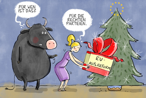 Cartoon: EU-Asylreform (medium) by leopold maurer tagged eu,migration,asyl,flüchtlinge,reform,aussengrenze,abschiebung,irregulär,scharf,rechts,rechte,parteien,geschenk,weihnachten,leopold,maurer,cartoon,karikatur,eu,migration,asyl,flüchtlinge,reform,aussengrenze,abschiebung,irregulär,scharf,rechts,rechte,parteien,geschenk,weihnachten,leopold,maurer,cartoon,karikatur