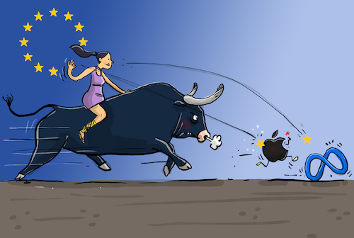Cartoon: EU Strafen für Apple und Meta (medium) by leopold maurer tagged eu,meta,apple,strafe,millionen,gericht,digital,recht,verstoß,entscheidung,rechtlich,sterne,wurf,logos,stier,europa,leopold,maurer,karikatur,cartoon,eu,meta,apple,strafe,millionen,gericht,digital,recht,verstoß,entscheidung,rechtlich,sterne,wurf,logos,stier,europa,leopold,maurer,karikatur,cartoon