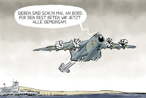 Cartoon: Evakuierung aus Afghanistan (medium) by leopold maurer tagged evakuierung,afghanistan,flughafen,machtübernahme,taliban,deutschland,luftwaffe,bundeswehr,rettungsmission,transporter,sieben,nato,usa,evakuierung,afghanistan,flughafen,machtübernahme,taliban,deutschland,luftwaffe,bundeswehr,rettungsmission,transporter,sieben,nato,usa