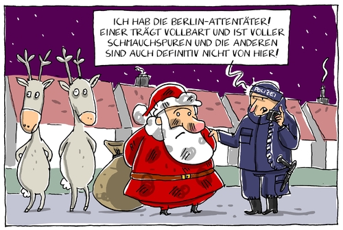 Cartoon: fahndungsmisserfolg (medium) by leopold maurer tagged anschlag,attentat,berlin,weihnachtsmarkt,attentäter,polizei,weihnachtsmann,ermittlungen,verhaftung,anschlag,attentat,berlin,weihnachtsmarkt,attentäter,polizei,weihnachtsmann,ermittlungen,verhaftung