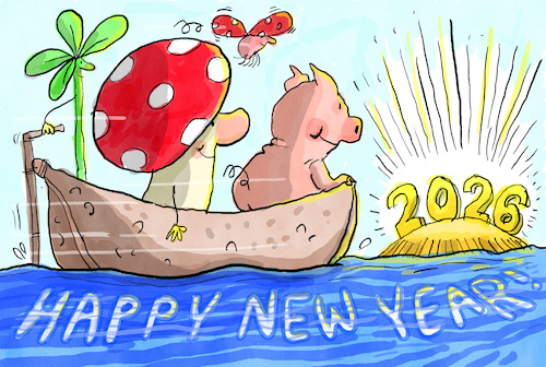 Cartoon: HAPPY NEW YEAR (medium) by leopold maurer tagged happy,new,year,gutes,neues,jahr,glueck,2026,schwein,marienkaefer,kleeblatt,fliegenpilz,nussschale,hoffnung,stirbt,zuletzt,leopold,maurer,cartoon,karikatur,illustration,happy,new,year,gutes,neues,jahr,glueck,2026,schwein,marienkaefer,kleeblatt,fliegenpilz,nussschale,hoffnung,stirbt,zuletzt,leopold,maurer,cartoon,karikatur,illustration
