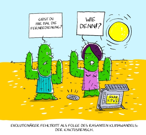 Cartoon: kaktusmensch (medium) by leopold maurer tagged evolution,kaktus,mensch,dürre,klimawandel,fehltritt,tv,fernbedienung,mann,frau,evolution,kaktus,mensch,dürre,klimawandel,fehltritt,tv,fernbedienung,mann,frau