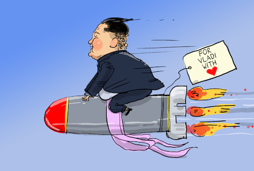 Cartoon: Kim Jong Un will Putin treffen (medium) by leopold maurer tagged treffen,kim,jong,un,putin,persönlich,waffen,lieferung,diktator,nordkorea,russland,ukraine,krieg,leopold,maurer,cartoon,karikatur,treffen,kim,jong,un,putin,persönlich,waffen,lieferung,diktator,nordkorea,russland,ukraine,krieg,leopold,maurer,cartoon,karikatur