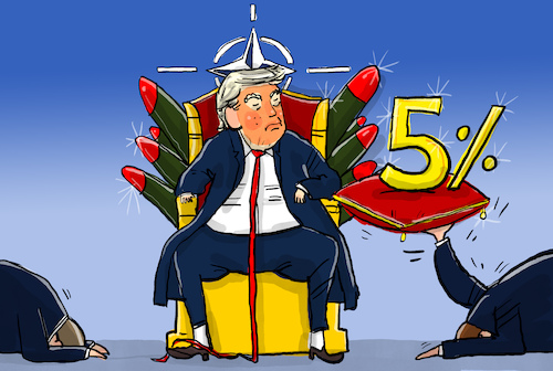 Cartoon: Nato-Gipfel (medium) by leopold maurer tagged nato,gipfel,rutte,denhaag,europa,usa,rüstung,waffen,ausgaben,fünf,prozent,schmeichelei,präsident,trump,könig,ukraine,krieg,verteidigung,leopold,maurer,cartoon,karikatur,nato,gipfel,rutte,denhaag,europa,usa,rüstung,waffen,ausgaben,fünf,prozent,schmeichelei,präsident,trump,könig,ukraine,krieg,verteidigung,leopold,maurer,cartoon,karikatur