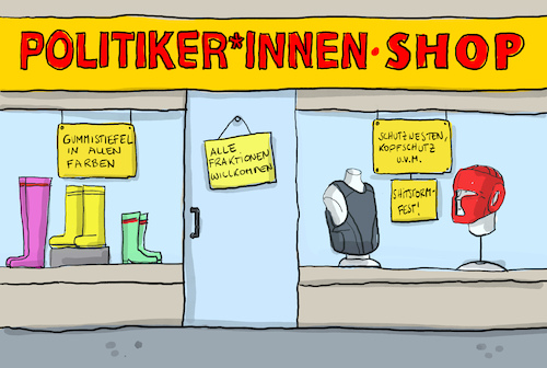 Cartoon: PoltikerInnen leben gefährlich (medium) by leopold maurer tagged politikerinnen,messerangriffe,attentat,pruegel,wut,zorn,handgreiflichkeiten,klimawandel,ueberflutung,gummistiefel,schutzweste,schutz,bodyguard,sicherheit,beruf,oeffentlich,demokratie,meinungsfreiheit,gewalt,leopold,maurer,karikatur,cartoon,politikerinnen,messerangriffe,attentat,pruegel,wut,zorn,handgreiflichkeiten,klimawandel,ueberflutung,gummistiefel,schutzweste,schutz,bodyguard,sicherheit,beruf,oeffentlich,demokratie,meinungsfreiheit,gewalt,leopold,maurer,karikatur,cartoon