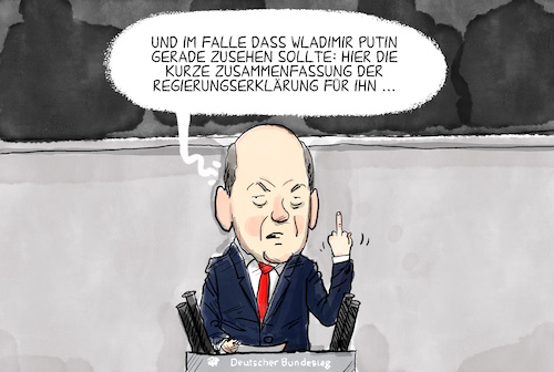 Cartoon: Regierungserklärung Scholz (medium) by leopold maurer tagged regierungserklärung,scholz,kanzler,bundestag,rede,ampel,ukraine,krieg,putin,zeitenwende,souveränität,frieden,imperialismus,absage,verhandlungen,leopold,maurer,karikatur,cartoon,regierungserklärung,scholz,kanzler,bundestag,rede,ampel,ukraine,krieg,putin,zeitenwende,souveränität,frieden,imperialismus,absage,verhandlungen,leopold,maurer,karikatur,cartoon