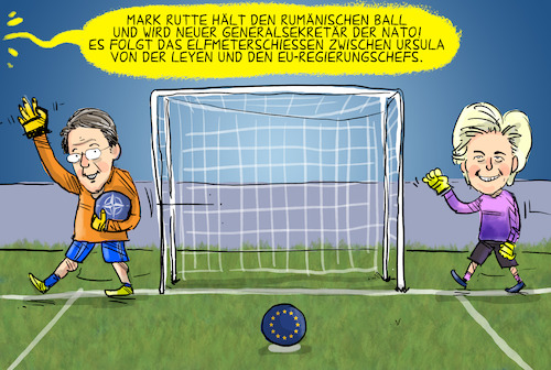 Cartoon: Spitzenposten (medium) by leopold maurer tagged nato,mark,rutte,generalsekretär,nachfolger,stoltenberg,ursula,von,der,leyen,kommissionspräsidenten,job,entscheidung,elfmeter,schiessen,euro,2024,fußball,fieber,ball,eu,regierungsschefs,pokern,posten,schacher,spitzenposition,leopold,maurer,cartoon,karikatur,nato,mark,rutte,generalsekretär,nachfolger,stoltenberg,ursula,von,der,leyen,kommissionspräsidenten,job,entscheidung,elfmeter,schiessen,euro,2024,fußball,fieber,ball,eu,regierungsschefs,pokern,posten,schacher,spitzenposition,leopold,maurer,cartoon,karikatur