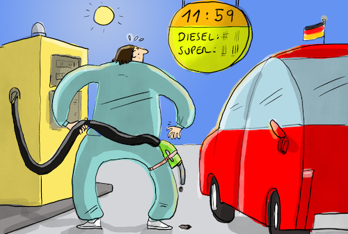 Cartoon: Spritpreis High Noon (medium) by leopold maurer tagged tankstellenregelungen,spritpreis,neu,tag,preiserhöhung,änderung,benzin,diesel,deutschland,tankstelle,auto,high,noon,cartoon,karikatur,leopold,maurer,tankstellenregelungen,spritpreis,neu,tag,preiserhöhung,änderung,benzin,diesel,deutschland,tankstelle,auto,high,noon,cartoon,karikatur,leopold,maurer