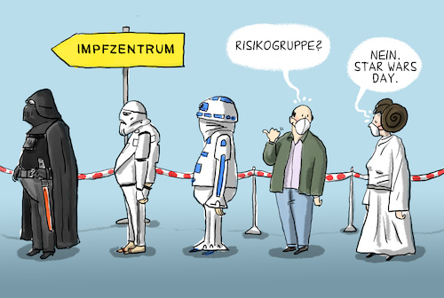 Cartoon: Star Wars Day (medium) by leopold maurer tagged star,wars,day,may,the,force,forth,impfzentrum,kostüme,warteschlange,risikogruppe,fan,darth,vader,stormtrooper,r2d2,leia,corona,covid,pandemie,impfung,leopold,maurer,karikatur,cartoon,comic,illustration,star,wars,day,may,the,force,forth,impfzentrum,kostüme,warteschlange,risikogruppe,fan,darth,vader,stormtrooper,r2d2,leia,corona,covid,pandemie,impfung,leopold,maurer,karikatur,cartoon,comic,illustration