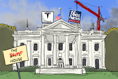 Cartoon: The Trump House (medium) by leopold maurer tagged trump,usa,white,house,kabinett,moderator,fox,news,tesla,musk,energie,transport,aussenministerium,fossil,erneuerbar,antiwoke,fernsehstation,macht,präsident,donald,öl,demokratie,gefahr,unberechenbar,ernennung,regierung,leopold,maurer,karikatur,cartoon,trump,usa,white,house,kabinett,moderator,fox,news,tesla,musk,energie,transport,aussenministerium,fossil,erneuerbar,antiwoke,fernsehstation,macht,präsident,donald,öl,demokratie,gefahr,unberechenbar,ernennung,regierung,leopold,maurer,karikatur,cartoon