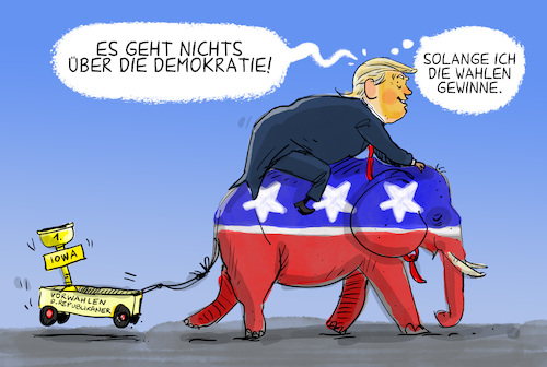 Cartoon: Trump gewinnt Vorwahl in Iowa (medium) by leopold maurer tagged trump,vorwahl,iowa,sieg,republikaner,partei,präsidenschaftswahl,usa,wahlen,demokratie,elefant,symbol,mehrheit,leopold,maurer,karikatur,cartoon,trump,vorwahl,iowa,sieg,republikaner,partei,präsidenschaftswahl,usa,wahlen,demokratie,elefant,symbol,mehrheit,leopold,maurer,karikatur,cartoon