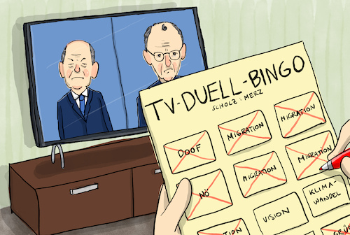 Cartoon: TV-Duell Scholz Merz (medium) by leopold maurer tagged tv,duell,gespräch,merz,scholz,spd,cdu,kanzlerkandidat,bullshit,bingo,themen,migration,wirtschaft,doof,nö,grün,vision,mangel,langweilig,staatsmännisch,angriffslustig,lahm,klimawandel,kreis,drehen,interview,fragen,wahlkampf,leopold,maurer,karikatur,cartoon,illustration,tv,duell,gespräch,merz,scholz,spd,cdu,kanzlerkandidat,bullshit,bingo,themen,migration,wirtschaft,doof,nö,grün,vision,mangel,langweilig,staatsmännisch,angriffslustig,lahm,klimawandel,kreis,drehen,interview,fragen,wahlkampf,leopold,maurer,karikatur,cartoon,illustration